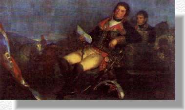 Retrato de Manuel Godoy en el ilusorio escenario de la guerra de las naranjas. Godoy envejecido parece un choricero falsamente uniformado. Goya 1801, Academia de San Fernando (Madrid)